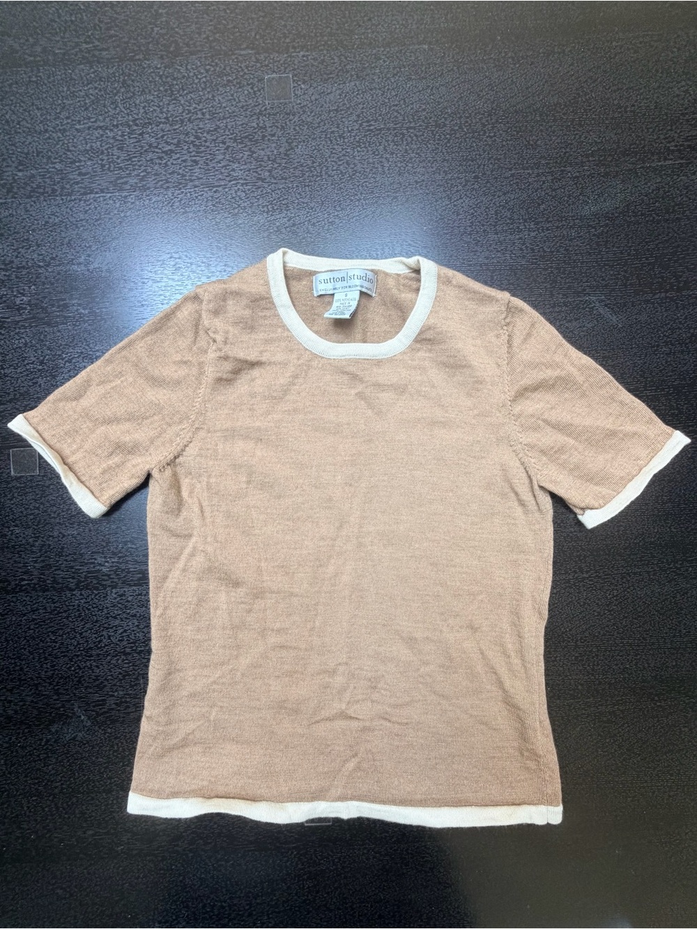 100% Merino Wool Sutton Studio Tan Short-Sleeve Knit Ringer Tee with Cream Trim